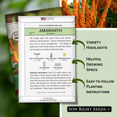 bronze amaranth seed packet includes variety highlights helpful growing specs easy to follow planting instructions