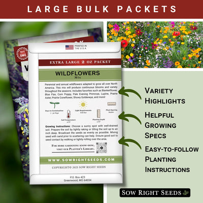 wildflowers mix large bulk jumbo seed packet includes variety highlights helpful growing specs easy to follow planting instructions