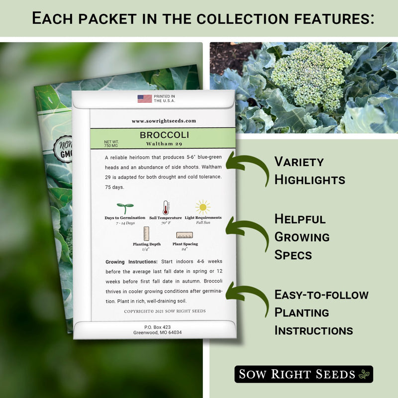 each packet in the broccoli seed collection features variety highlights helpful growing specs easy to follow planting instructions