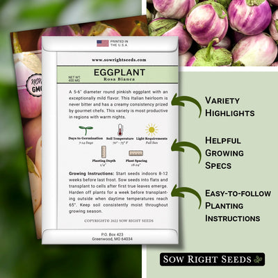 rosa bianca eggplant seed packet includes variety highlights, helpful growing specs, easy to follow planting instructions