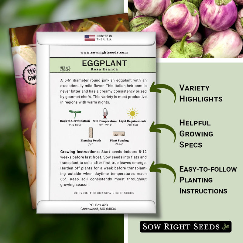 rosa bianca eggplant seed packet includes variety highlights, helpful growing specs, easy to follow planting instructions