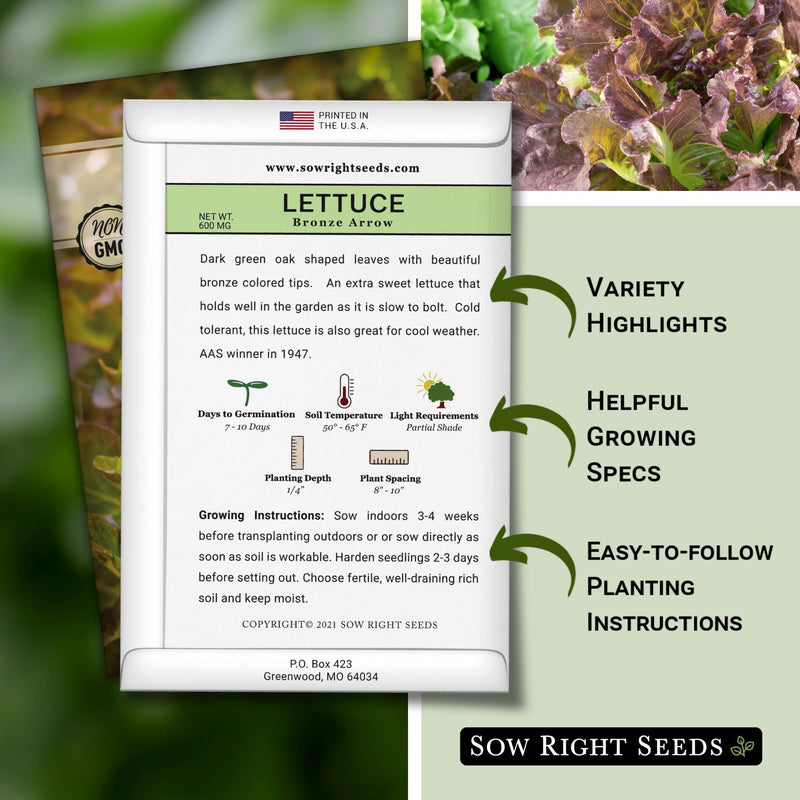 bronze arrow lettuce seed packet includes variety highlights helpful growing specs easy to follow planting instructions