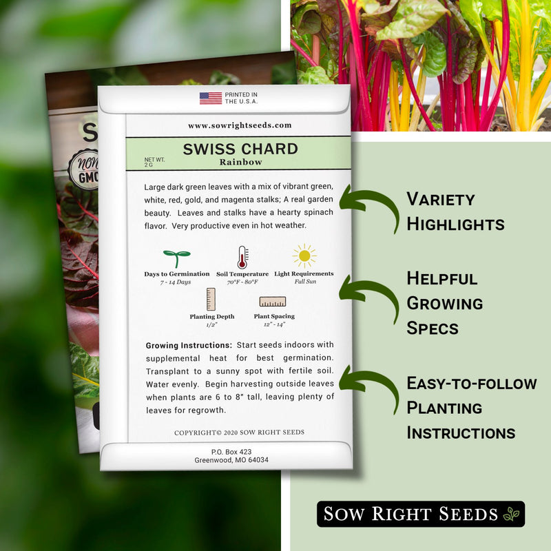 rainbow swiss chard packet features variety highlights helpful growing specs easy to follow planting instructions