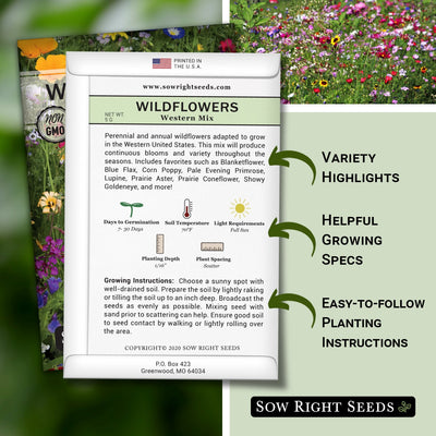 western mix wildflowers seed packet includes variety highlights helpful growing specs easy to follow planting instructions