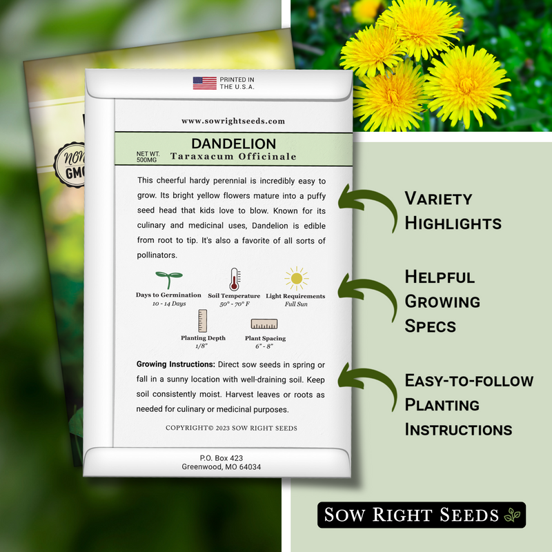 dandelion seed packet includes variety highlights helpful growing specs easy to follow planting instructions