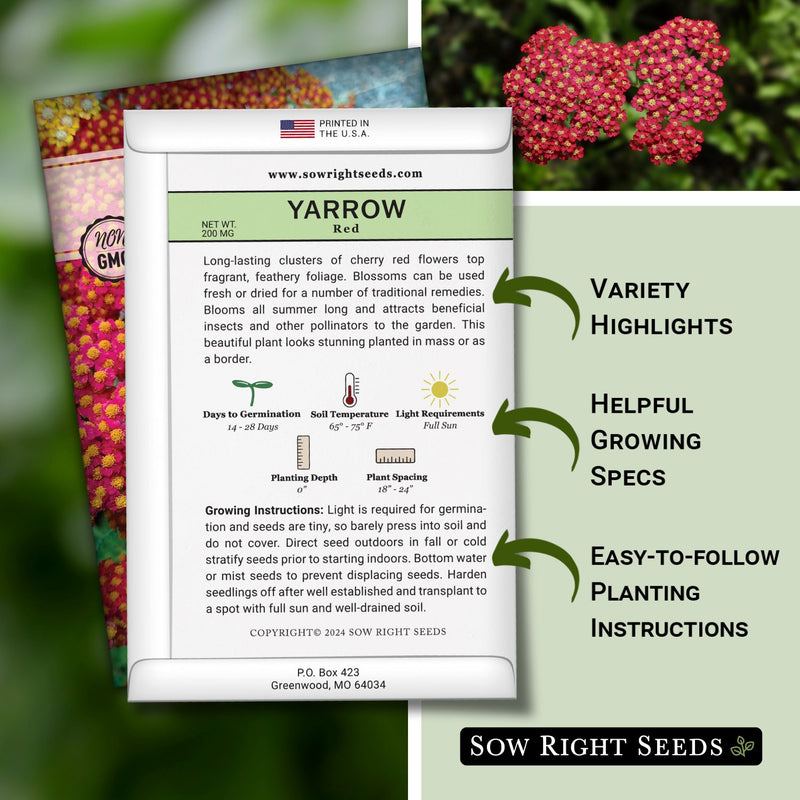 red yarrow seed packet features variety highlights helpful growing specs easy to follow planting instructions