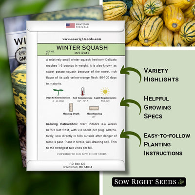 delicata winter squash seed packet includes variety highlights, helpful growing specs, easy to follow planting instructions