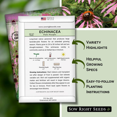 pale purple echinacea coneflower seed packet features variety highlights helpful growing specs easy to follow planting instructions