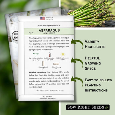 argenteuil asparagus seed packet features variety highlights helpful growing specs easy to follow planting instructions