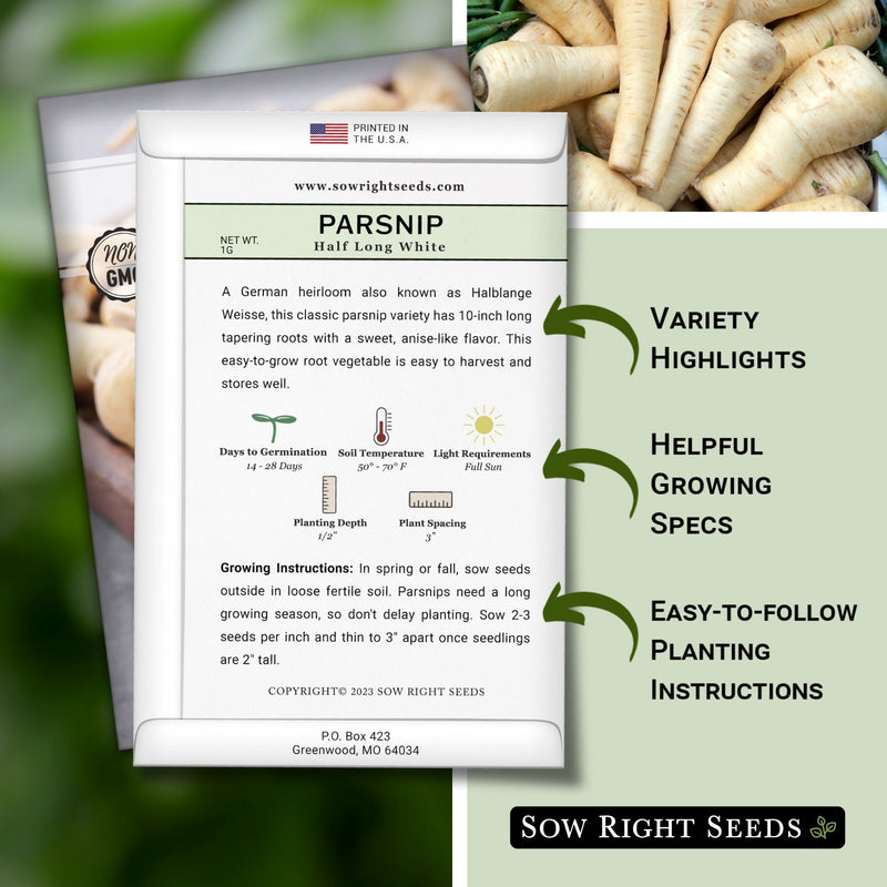 Half Long White Parsnip Back of Packet Product Description and Growing Instructions