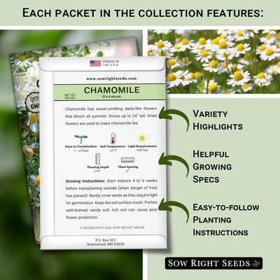 each packet in the chamomile collection features variety highlights helpful growing specs easy to follow planting instructions