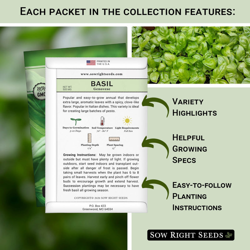 each packet in the basil 3 collection features variety highlights helpful growing specs easy to follow planting instructions