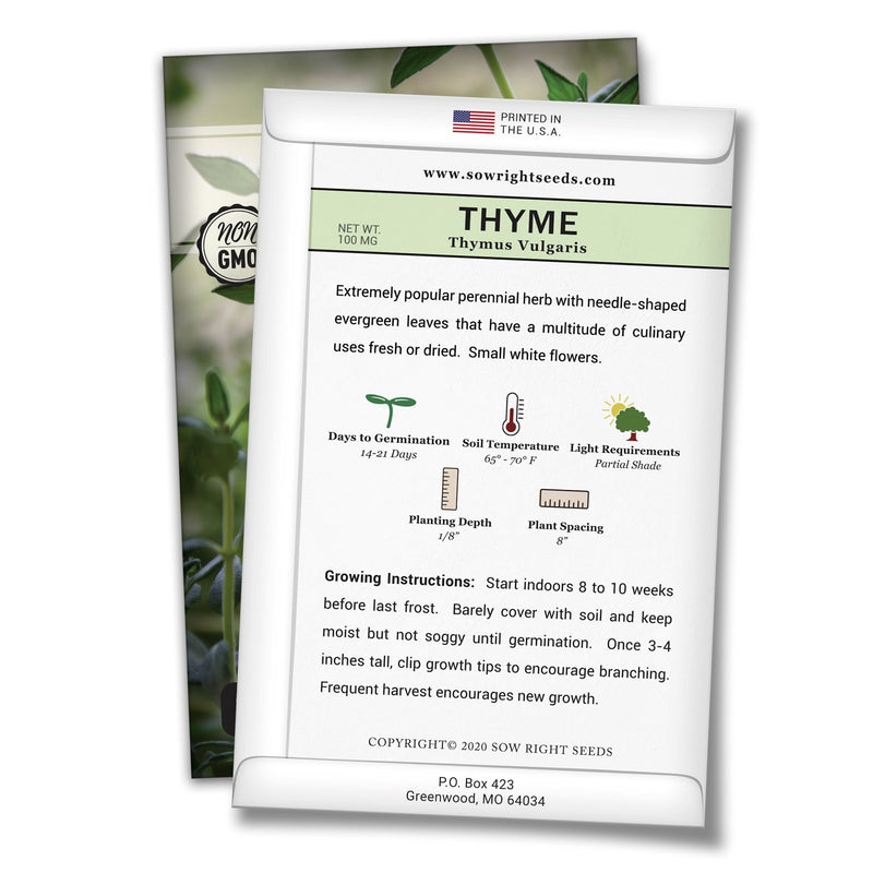 thyme seed packet includes variety highlights planting specs easy to follow growing instructions