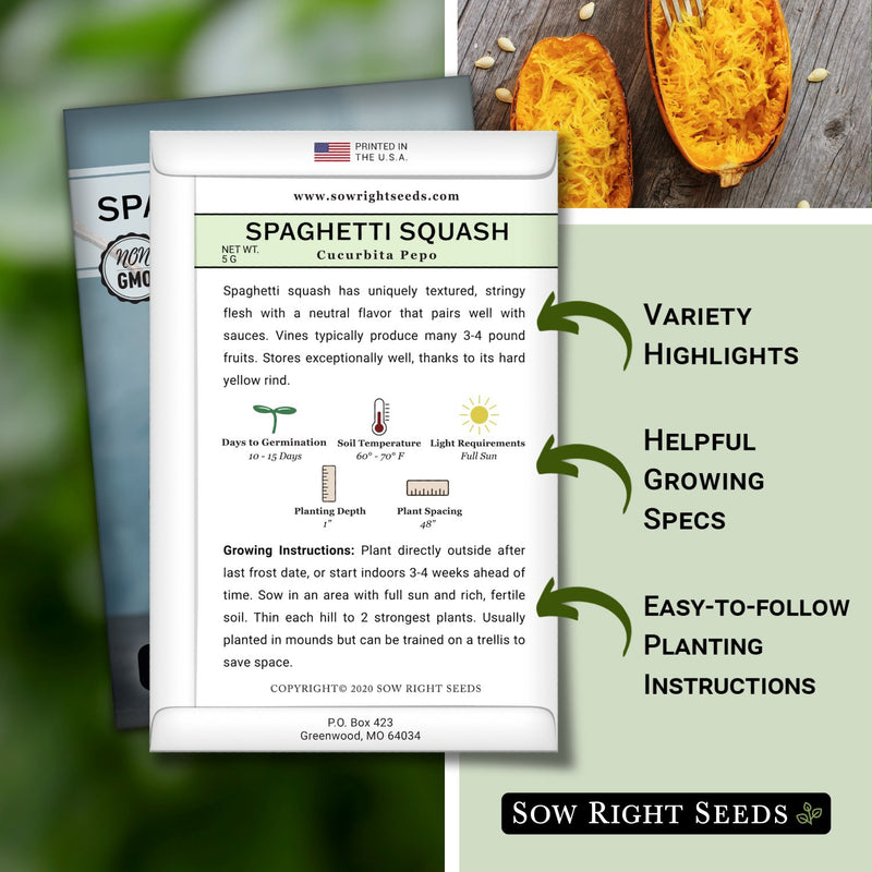spaghetti squash packet includes variety highlights, helpful growing specs, easy to follow planting instructions